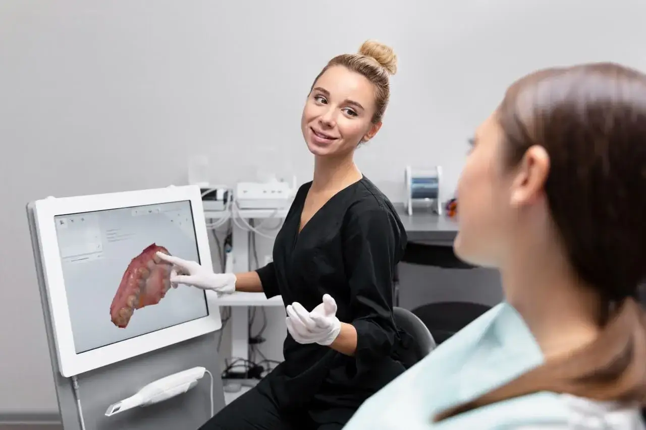Dentystka pokazuje pacjentce cyfrowy wycisk zębów na ekranie. Dowiedz się, jaka jest cyfrowy wycisk zębów cena.