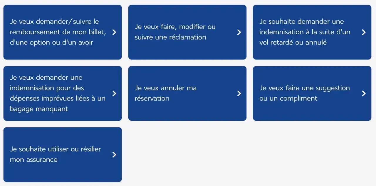 Demande indemnisation Air France : options pour remboursement, réclamation, bagage manquant, vol retardé/annulé, assurance, suggestion.