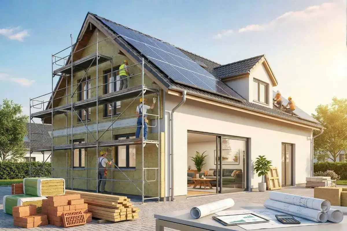 Operai al lavoro su un cantiere per un nuovo piano casa. Installazione di pannelli solari e isolamento termico su una casa in costruzione.