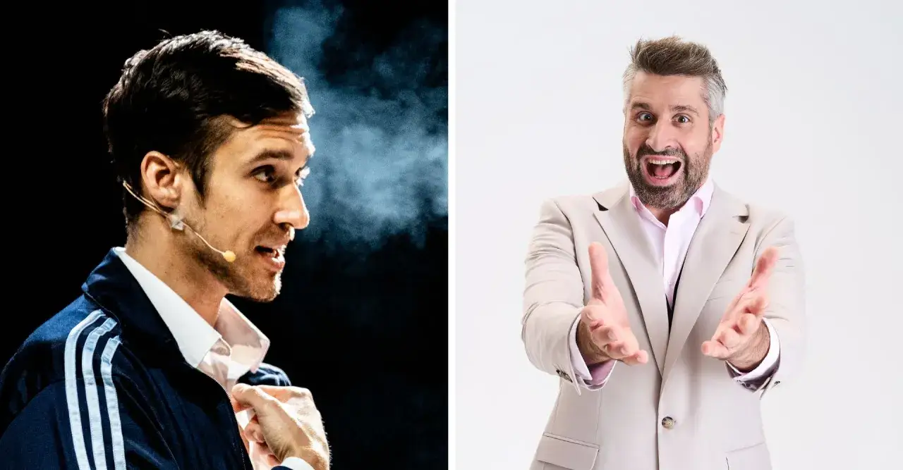 Dominik smaruj, mówca w sportowej kurtce i eleganckim garniturze, z entuzjazmem zaprasza do rozmowy.