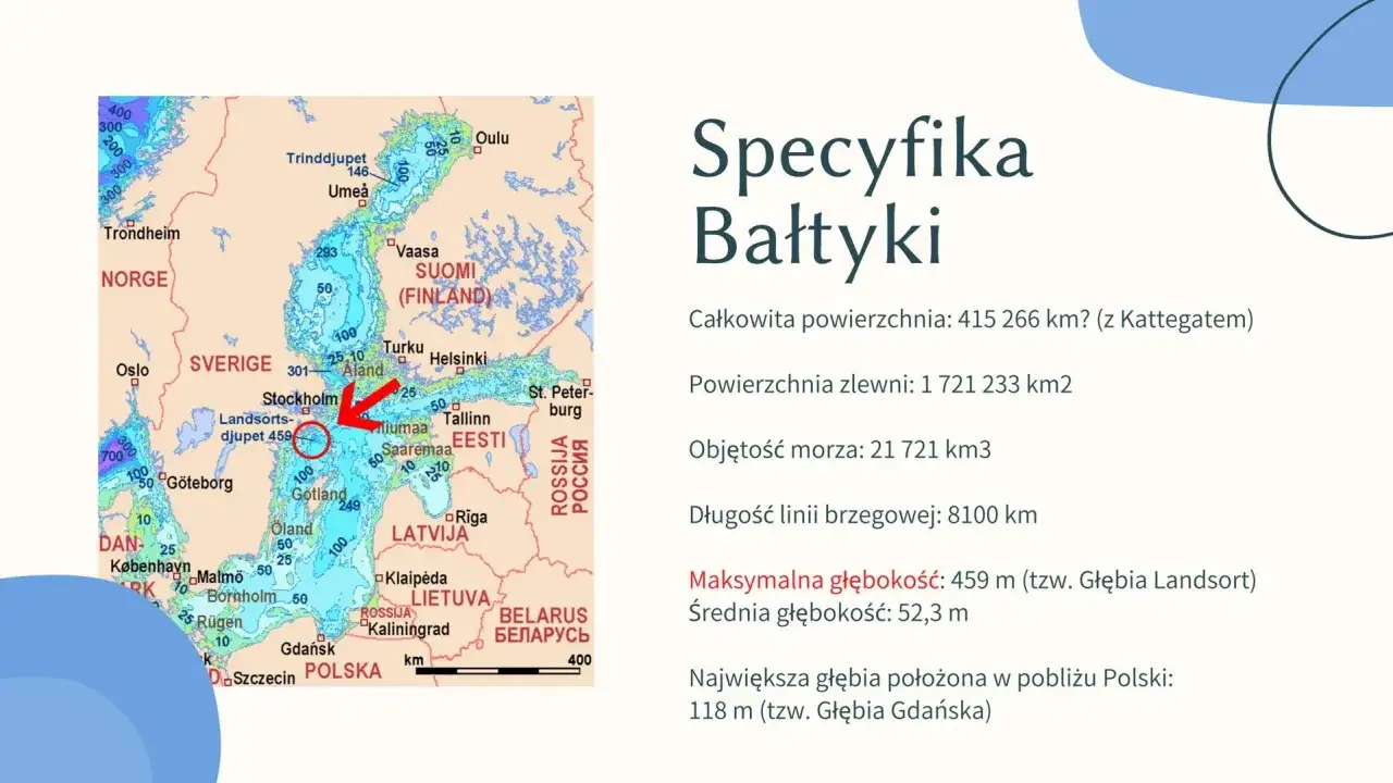 Mapa przedstawia Morze Bałtyckie, pokazując jego głębokość i otaczające kraje. To jest właśnie co to jest Bałtyk.