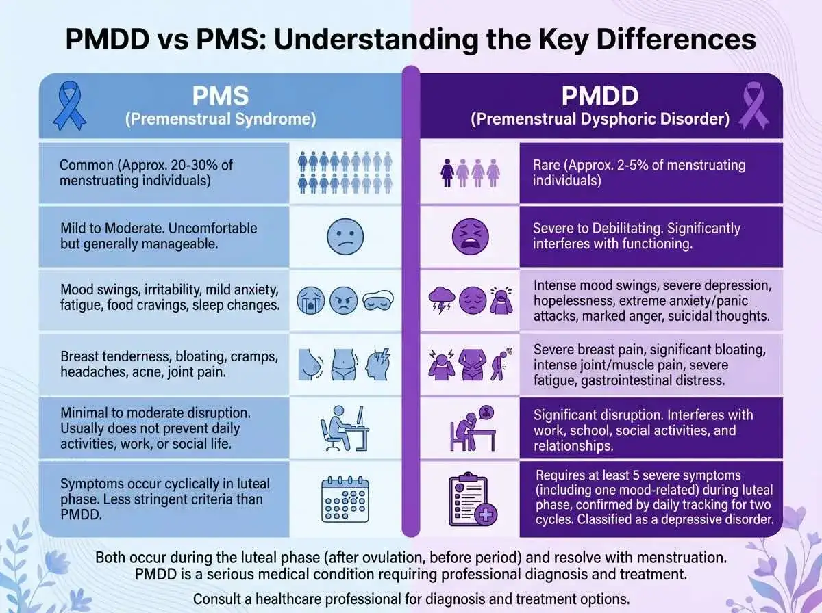 Jämförelse av PMS och PMDD. Lutealfas mående kan vara milt eller svårt, med symtom som humörsvängningar, smärta och trötthet.