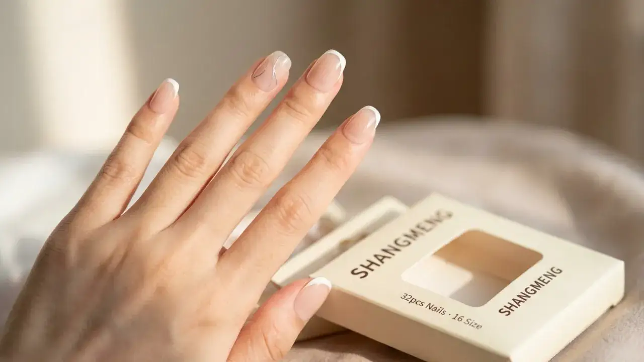 Dłoń z francuskim manicure i ozdobnymi wzorami, obok pudełko z tipsami. Idealne do tego, jak zrobic ladne zdjecia paznokci.