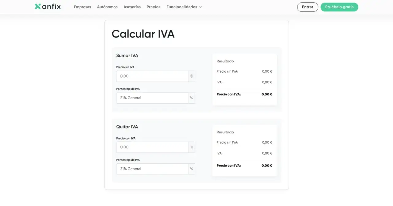 Calculadora de IVA para sumar o quitar impuestos. Permite calcular el precio final de una factura a origen.