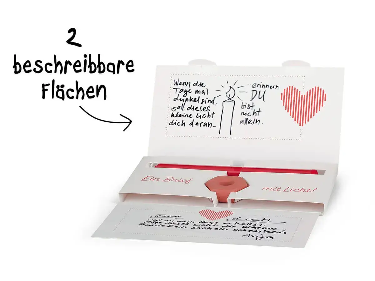 Ein aufklappbarer Brief mit zwei beschreibbaren Fl&auml;chen, Stift und Radiergummi. Der obere Teil enth&auml;lt eine Kerze und die Botschaft 