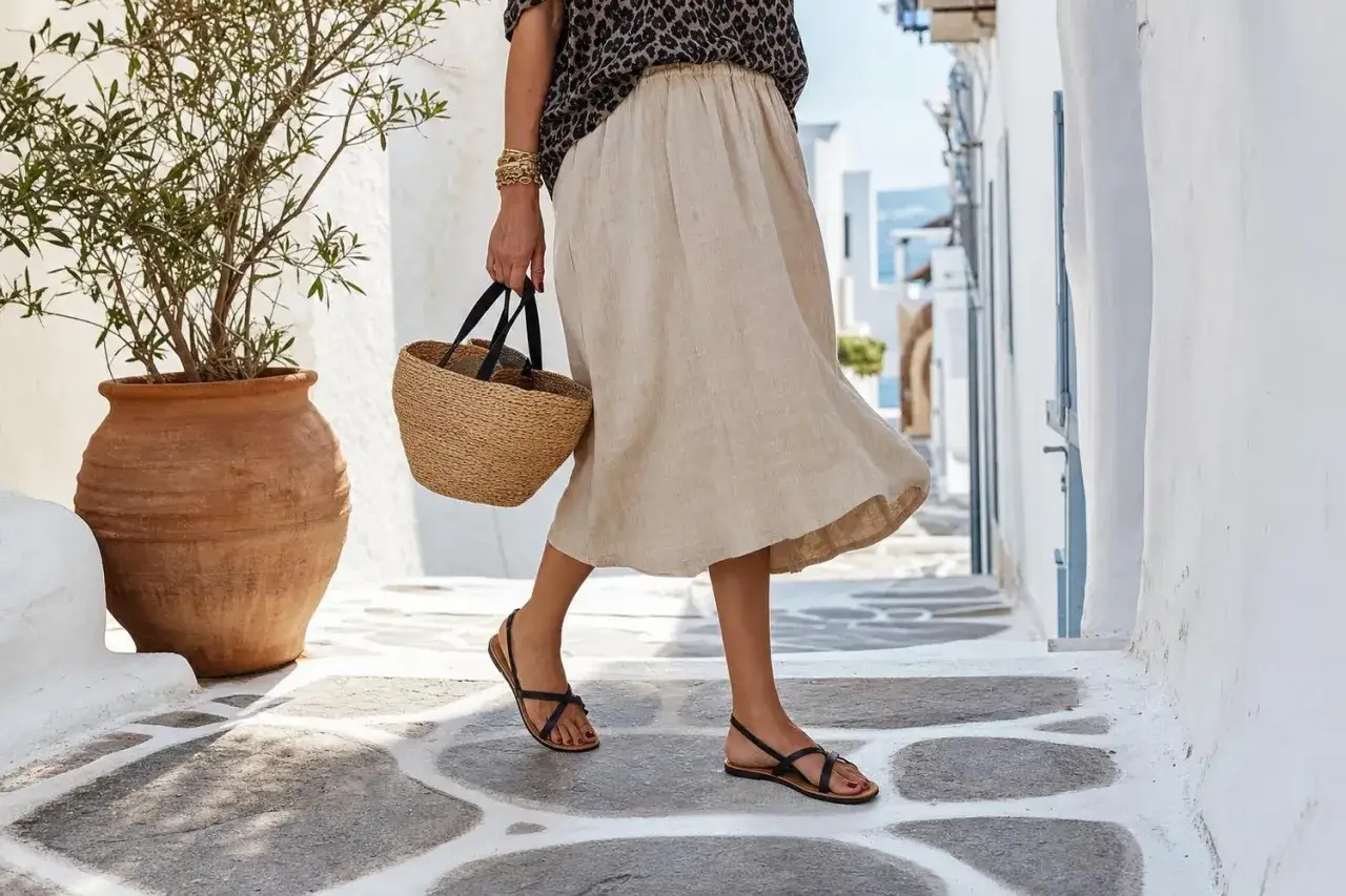 Une femme en jupe beige et sandales noires marche dans une ruelle blanche. Son panier en paille et sa tenue légère évoquent l'été, loin de ce qui vieillit une femme.