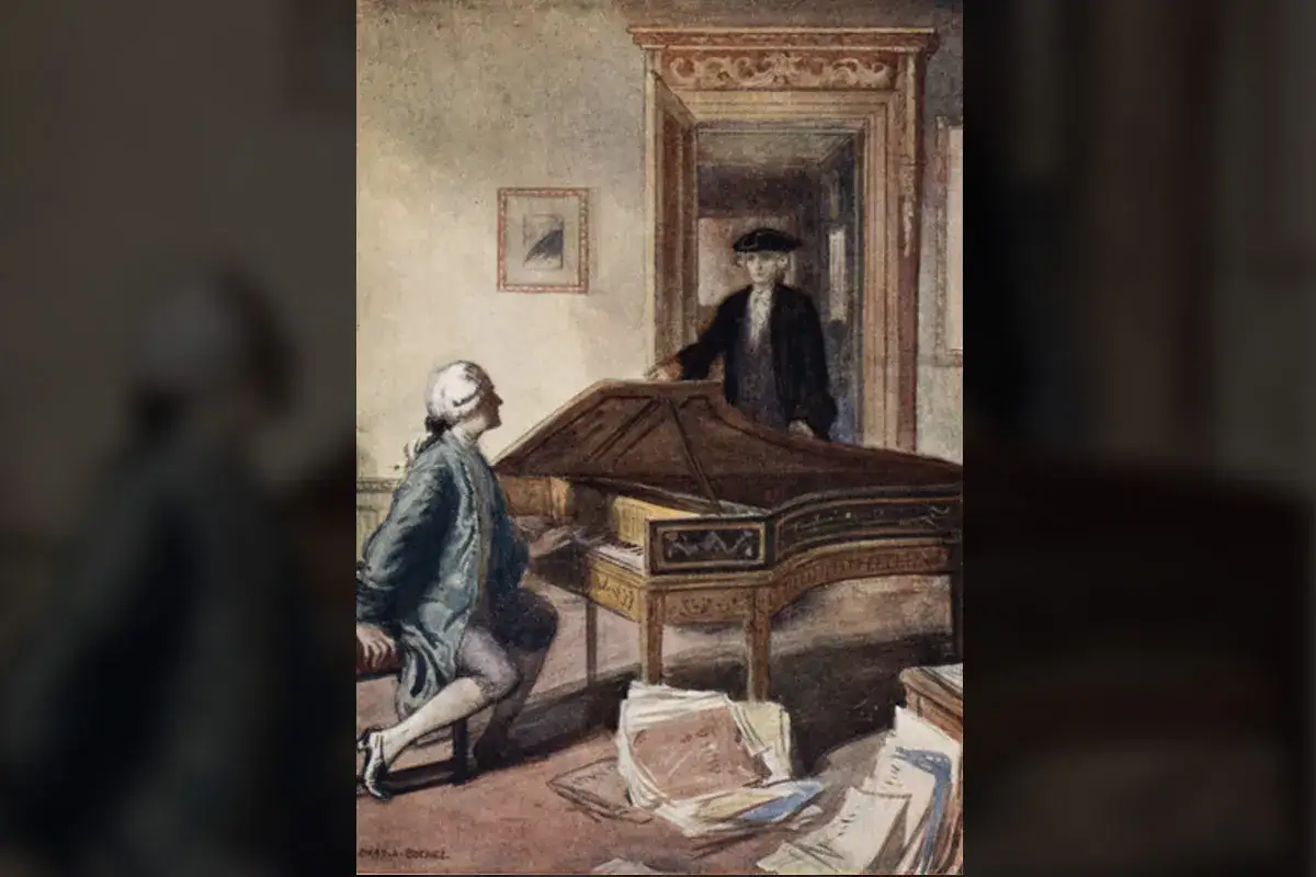 Salieri lyssnar n&auml;r Mozart spelar. Noter ligger utspridda p&aring; golvet.