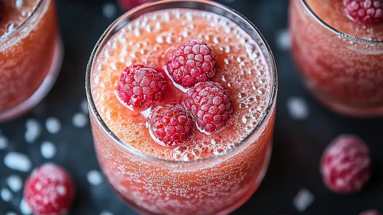 Verre de soupe champenoise sans alcool, garni de framboises givr&eacute;es. Bulles p&eacute;tillantes et couleur rose vif.