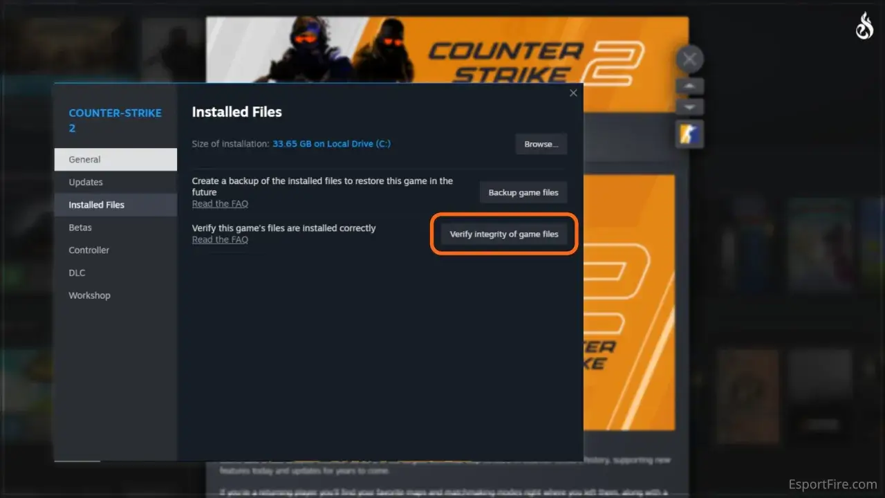 Weryfikacja integralności plików gry Counter-Strike 2, gdy system VAC nie mógł zweryfikować sesji gry.