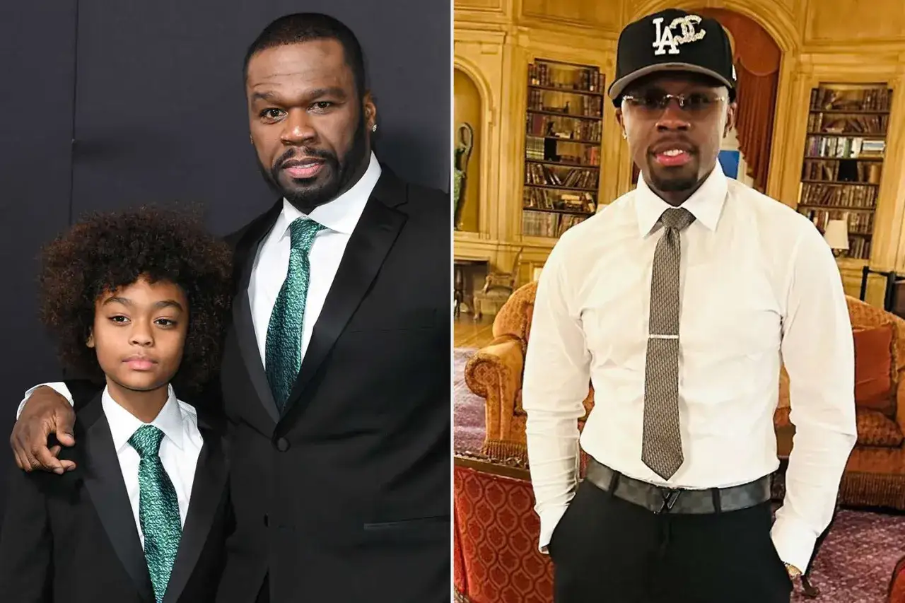 50 Cent z synem Sirem Jacksonem, obaj w eleganckich strojach. Raper w czarnym garniturze, chłopiec w dopasowanym zestawie. 50 Cent dzieci.