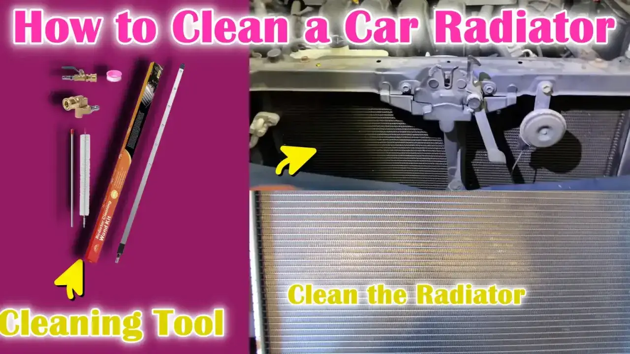 Herramientas para aprender como limpiar el radiador de un coche. Muestra un kit de limpieza y el radiador de un automóvil.