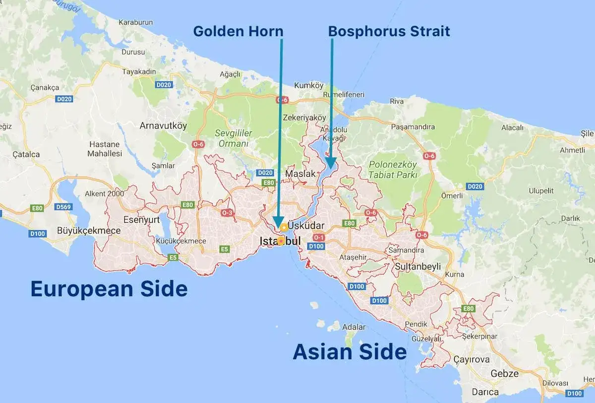 Mapa Stambułu z podziałem na część europejską i azjatycką i mostami