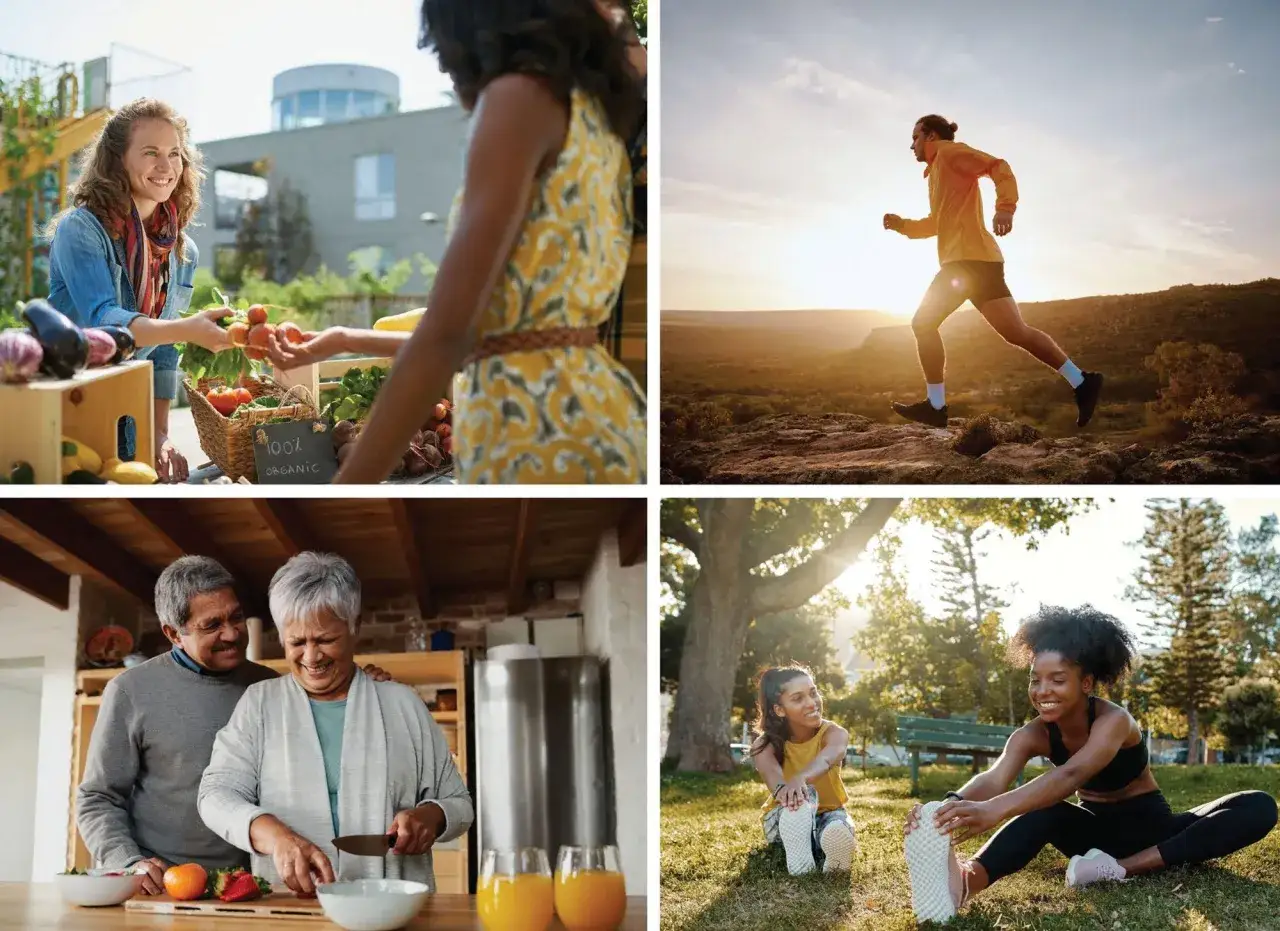 Scenes of healthy living: buying organic produce, running at sunset, cooking with loved ones, and stretching outdoors. Discover how to be more vibrant.