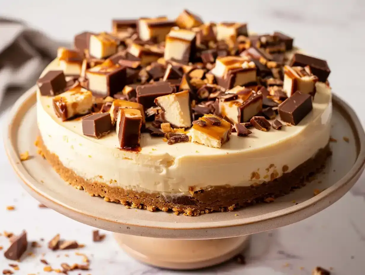 En kr&auml;mig daim cheesecake med chokladbitar och karamell. En dr&ouml;m f&ouml;r alla som &auml;lskar daim!