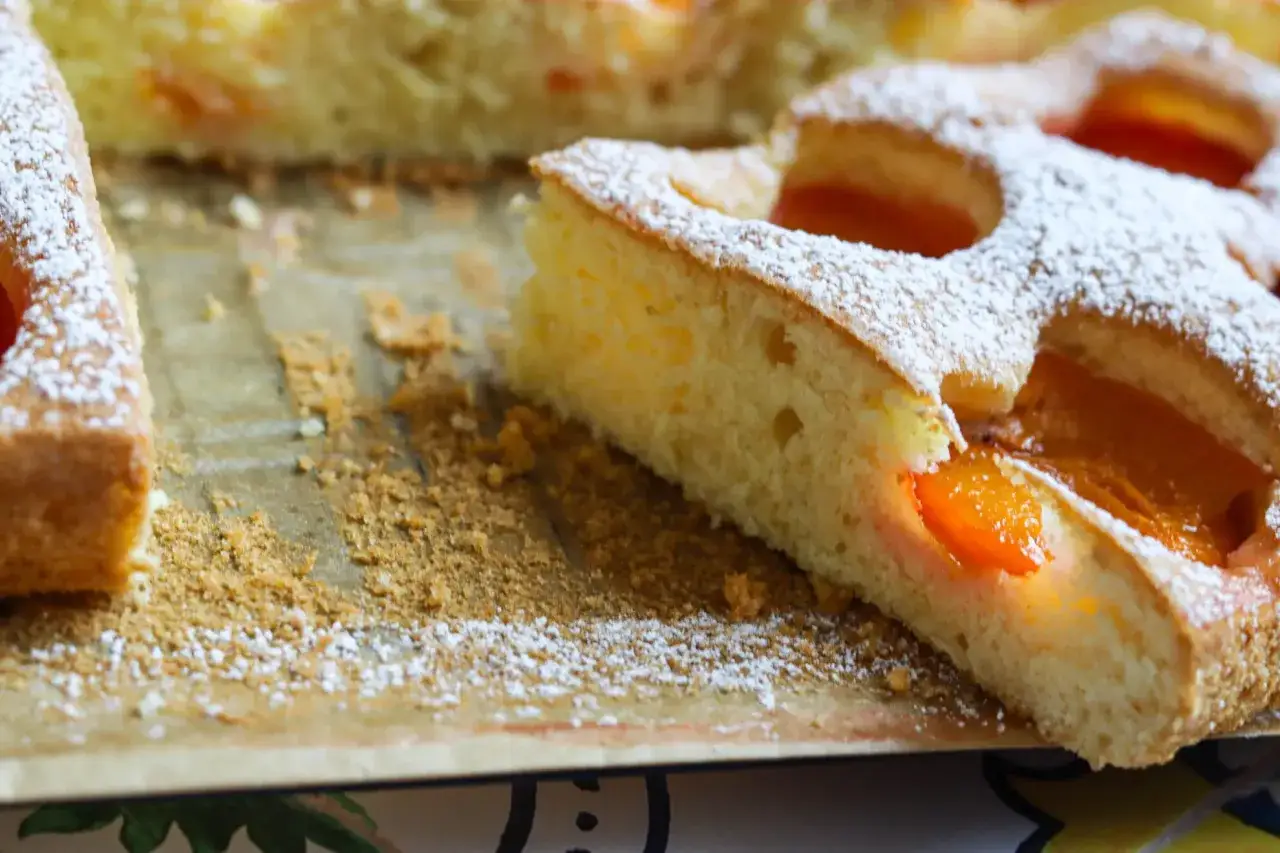 Saftiger Marillenkuchen, frisch aus dem Ofen, bestäubt mit Puderzucker. Ein köstliches Marillenkuchen Rezept zum Nachbacken.
