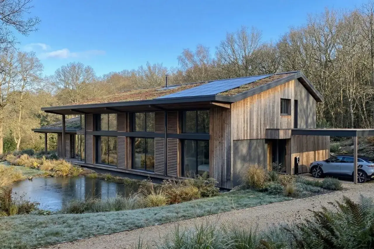 Maison moderne avec toit végétalisé et panneaux solaires, un étang gelé et une voiture électrique. Un exemple parfait pour rendre sa maison écologique.