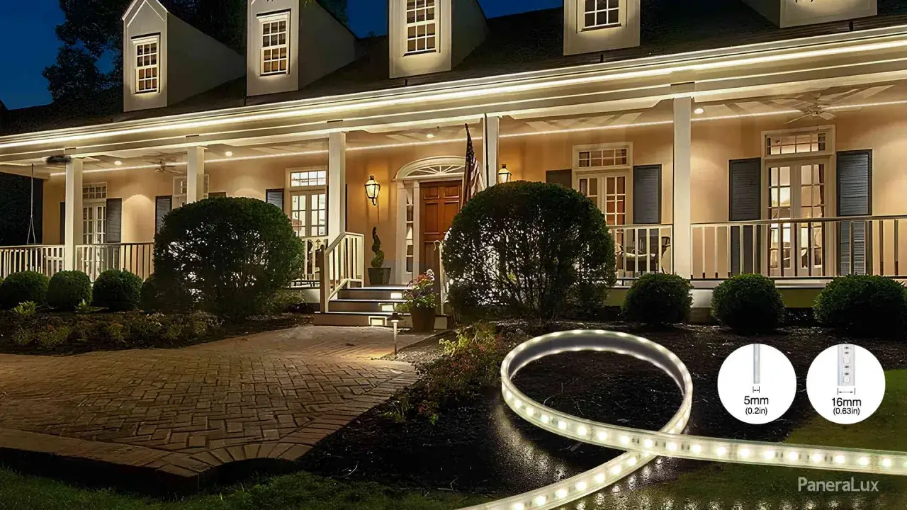 Un porche de maison illuminé par des bandes LED. Un tableau comparatif ampoules LED montre les dimensions des bandes.