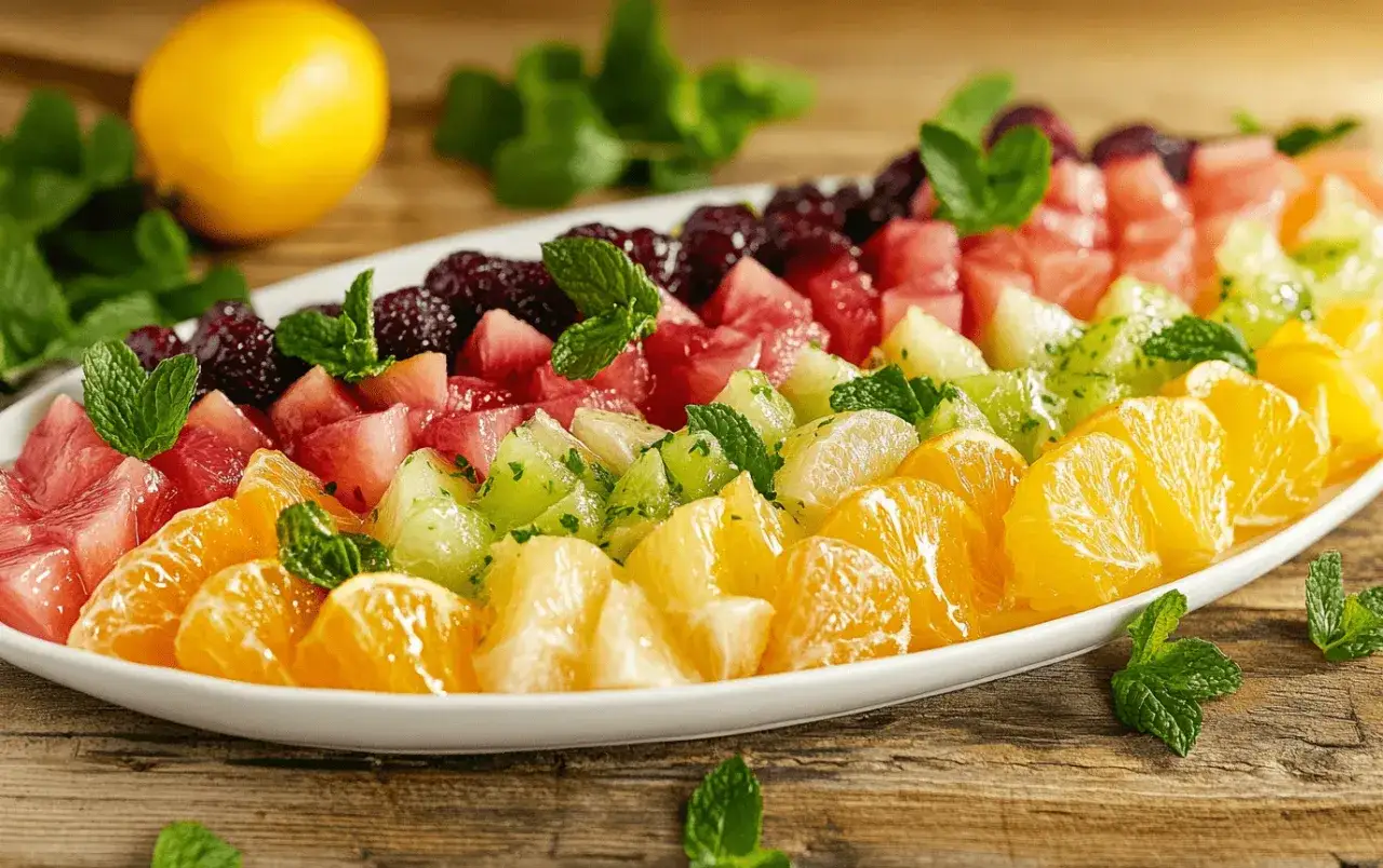 Bunter Obstsalat mit Beeren, Melone, Orangen und Minze – ein frisches obstsalat rezept für jeden Anlass.