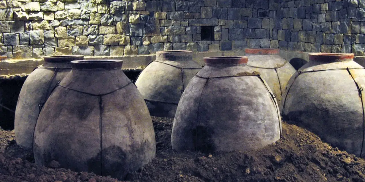 Antiche anfore interrate, pronte per la fermentazione del vino. La pietra grezza fa da sfondo a questa scena di vinificazione tradizionale.