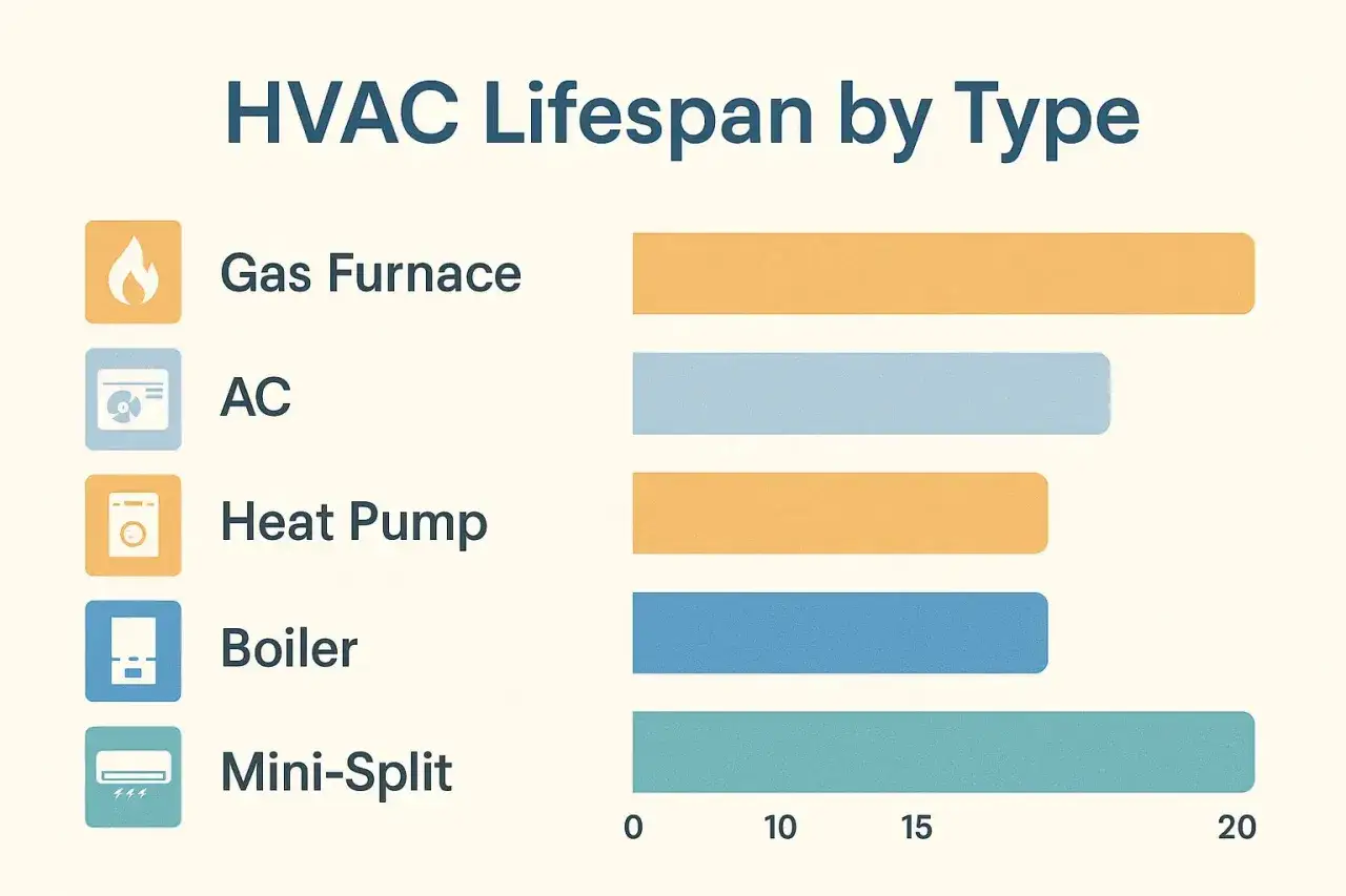 Gráfico muestra la vida útil de sistemas HVAC. La bomba de calor tiene una vida útil de 15 años.