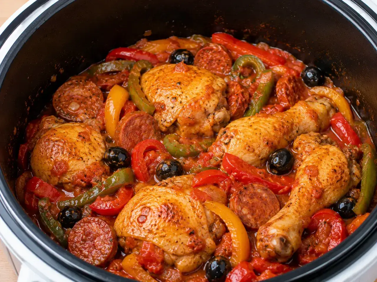 Poulet basquaise cookeo : morceaux de poulet, poivrons, chorizo et olives mijotent dans une sauce tomate savoureuse.
