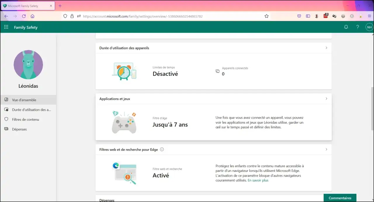 Interface de contr&ocirc;le parental sur ordinateur pour g&eacute;rer le temps d'&eacute;cran, les applications et le filtrage web pour L&eacute;onidas.