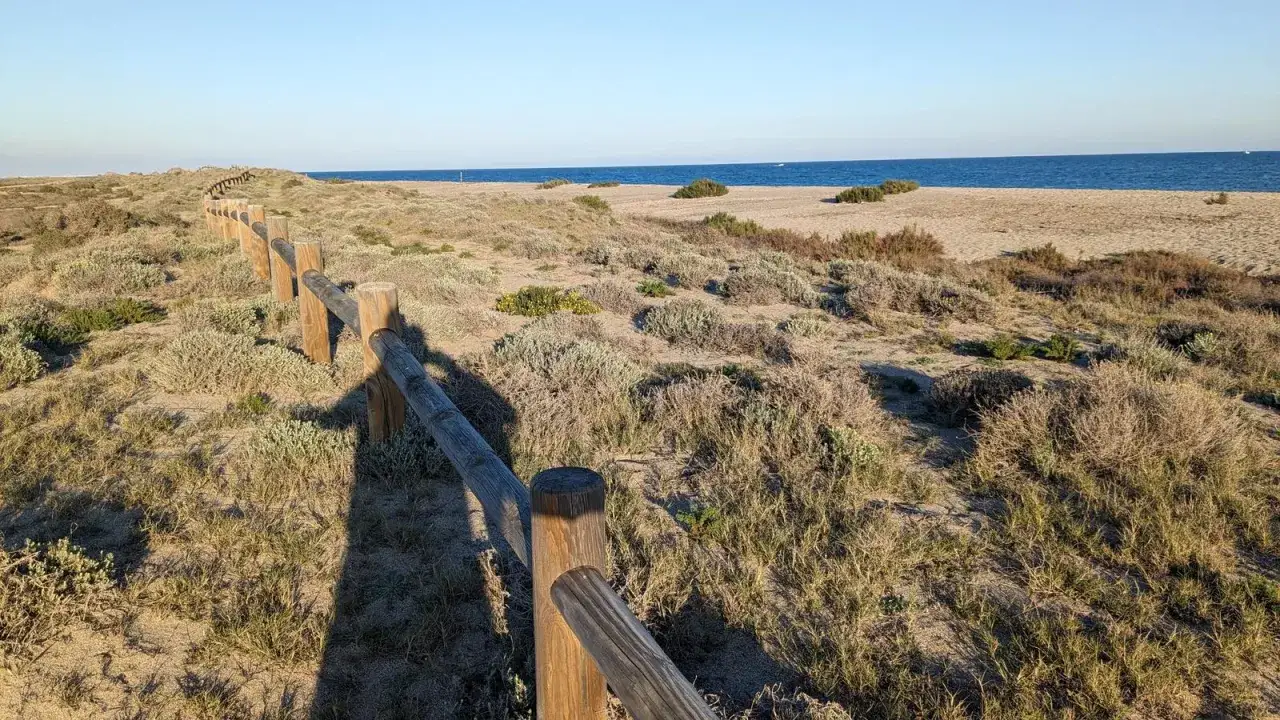 Sendero de madera en el parque natural Roquetas de Mar, con vegetaci&oacute;n de dunas y el mar al fondo.