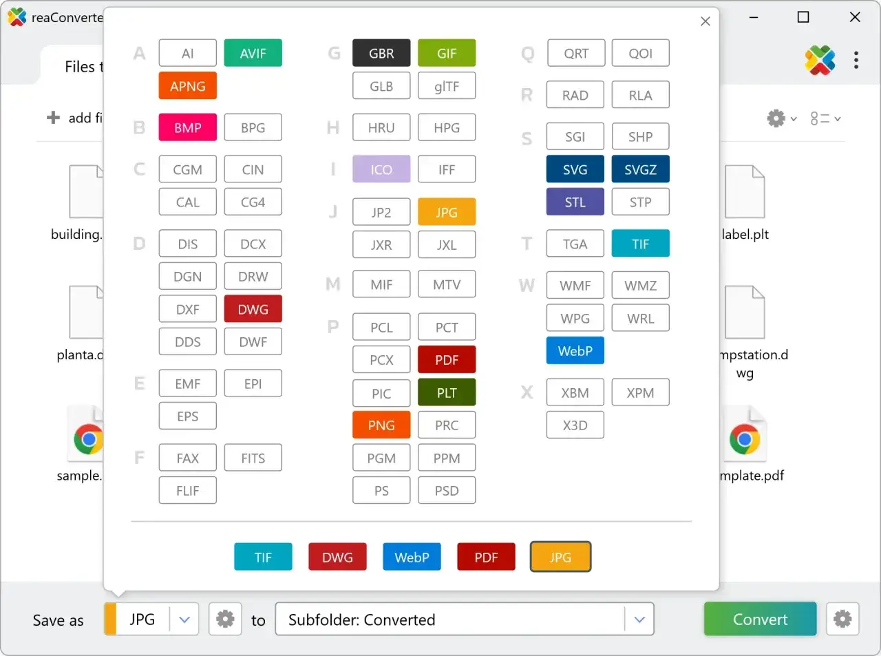 Ventana de conversión de archivos, mostrando opciones como JPG, PDF, DWG y TIF. El usuario puede seleccionar el formato de salida, similar a un archivo djvu.