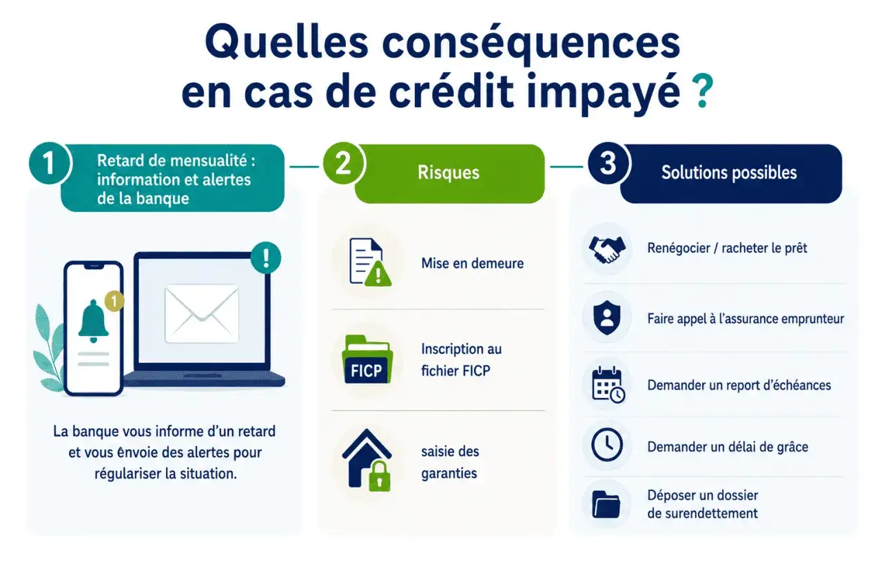 Conséquences d'un crédit impayé : retards, risques (mise en demeure, FICP, saisie) et solutions (renégociation, assurance, délai). Gérer son obligation bancaire.