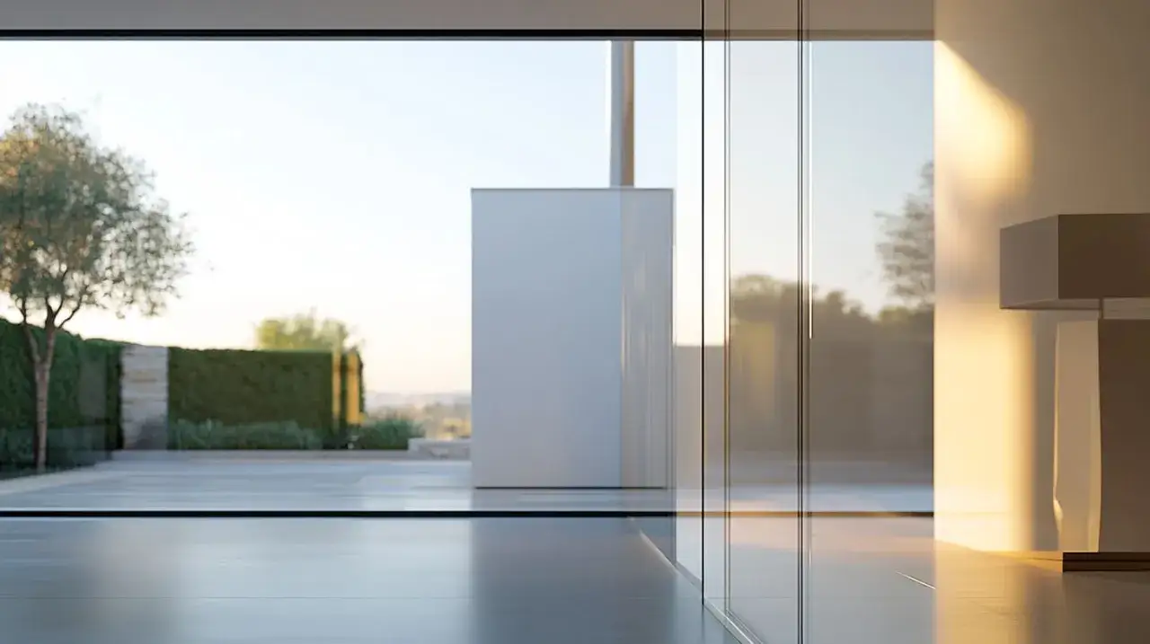 Modern interior with floor-to-ceiling windows, showcasing a garden view. The plexiglass thickness for windows allows for seamless integration of indoor and outdoor spaces.
