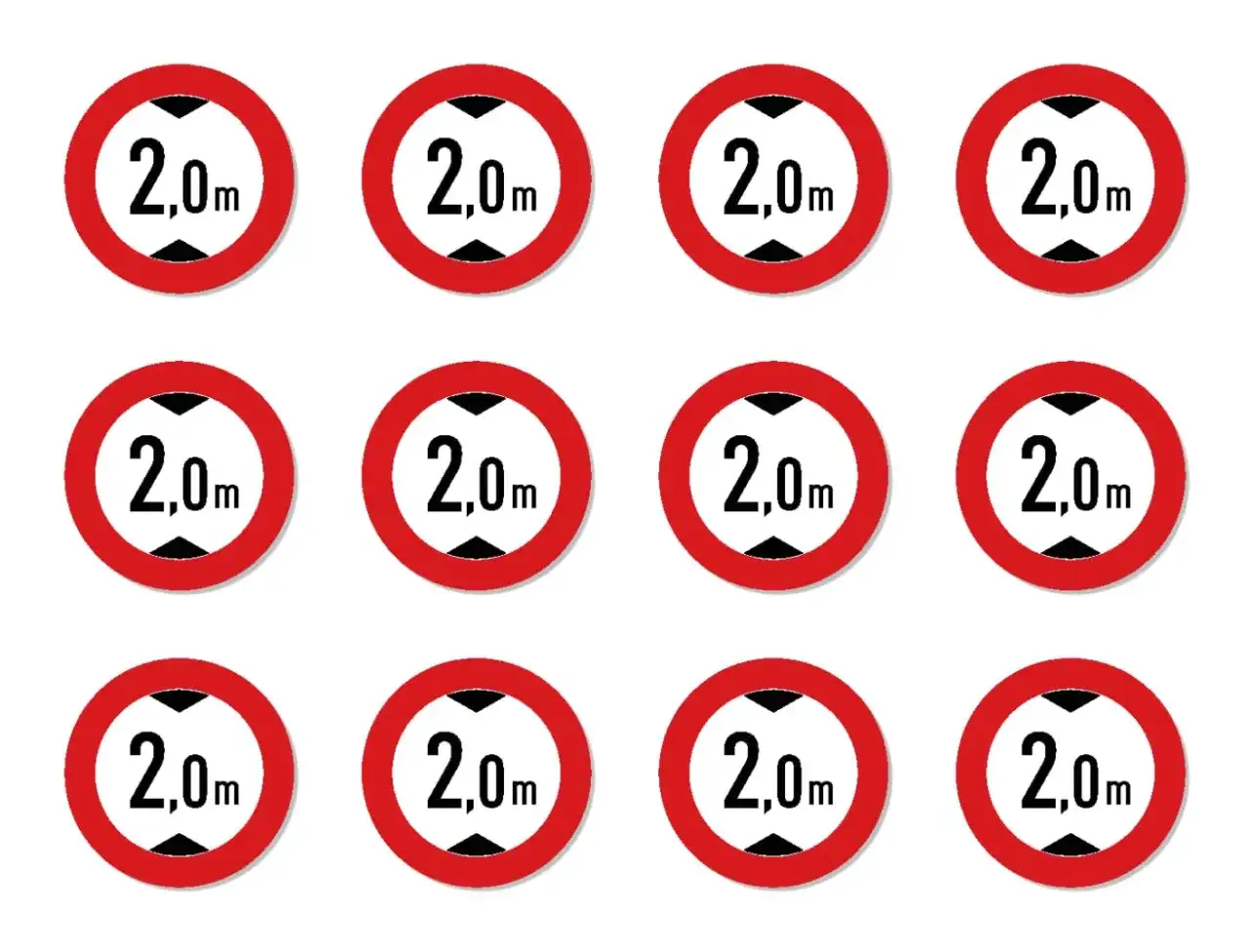 Zw&ouml;lf identische runde Verkehrsschilder mit rotem Rand und der Aufschrift 