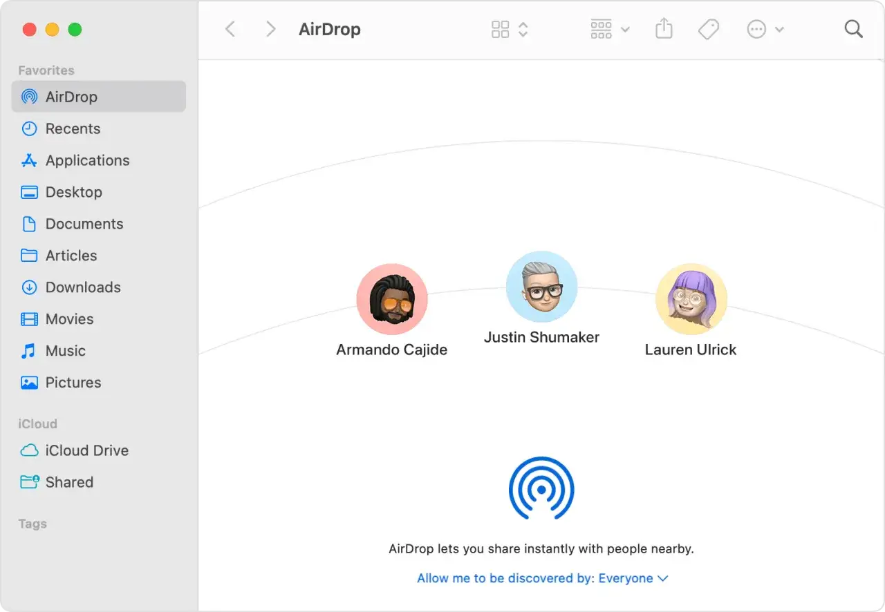 iPhone AirDrop settings and Mac AirDrop window