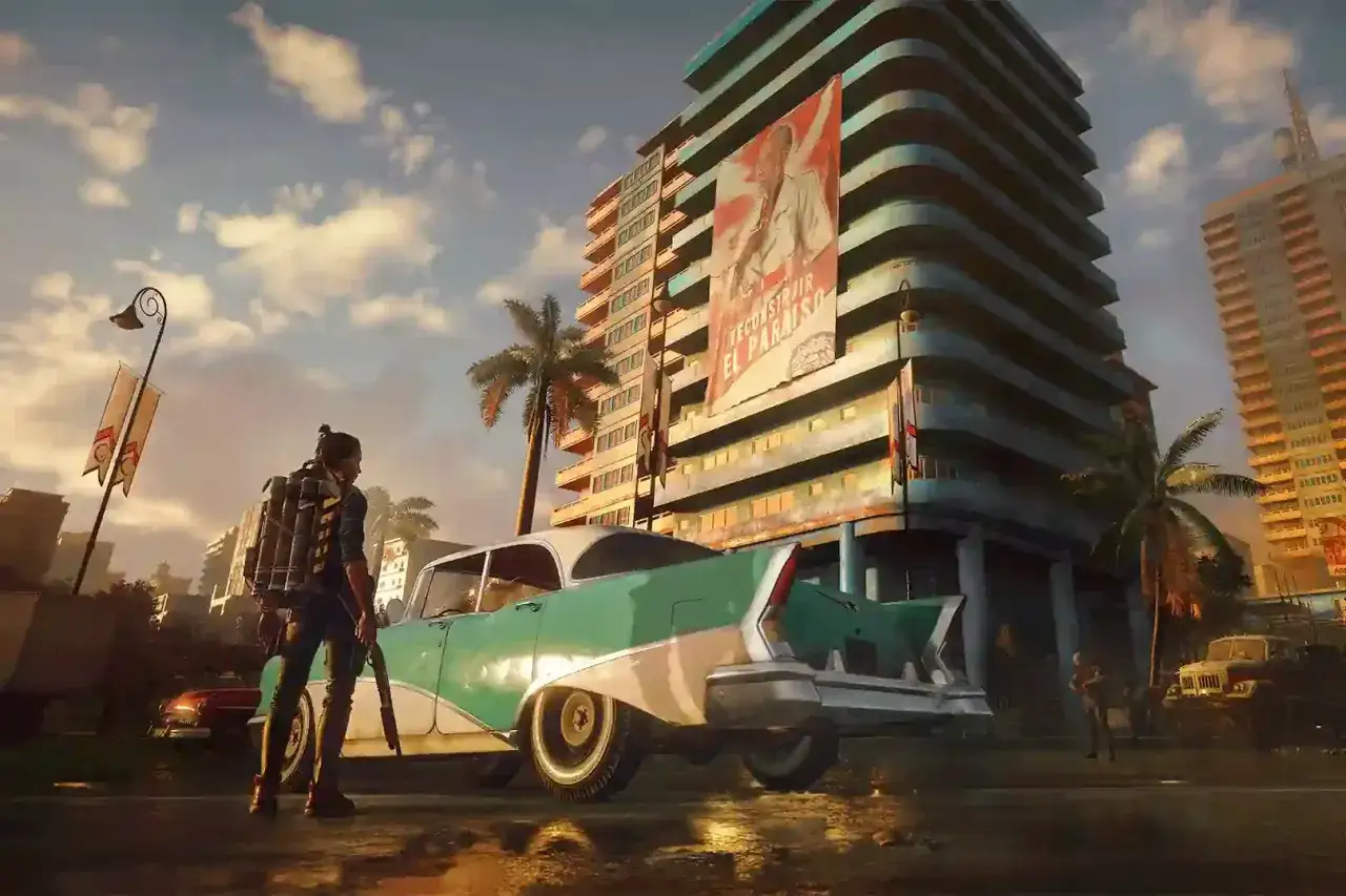 Una rebelde se prepara para la acci&oacute;n junto a un coche cl&aacute;sico, con un cartel de propaganda en un edificio. El ambiente evoca la lucha en Far Cry 7.