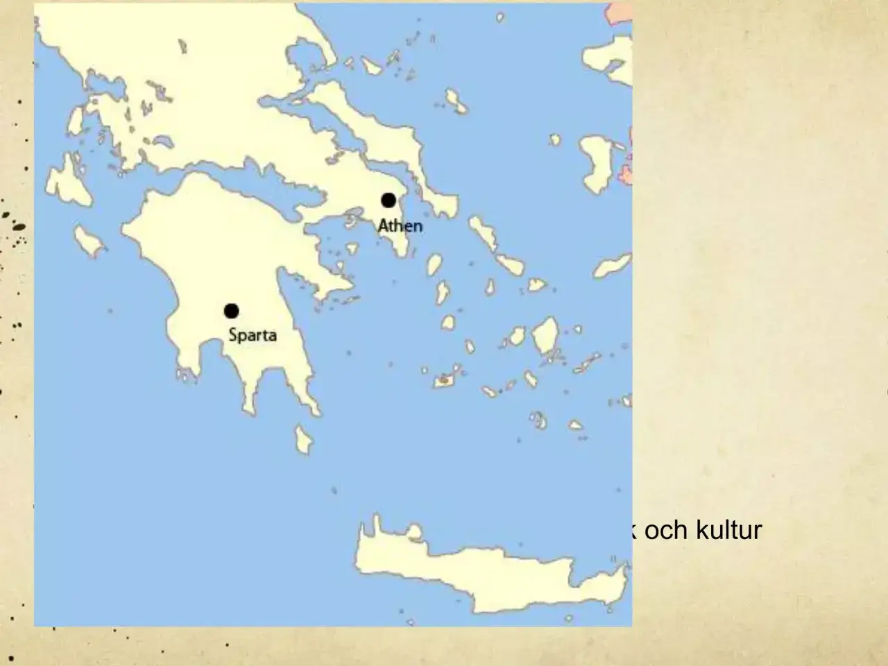 Karta över Grekland som visar Sparta och Aten, två viktiga städer i antikens historia och kultur.