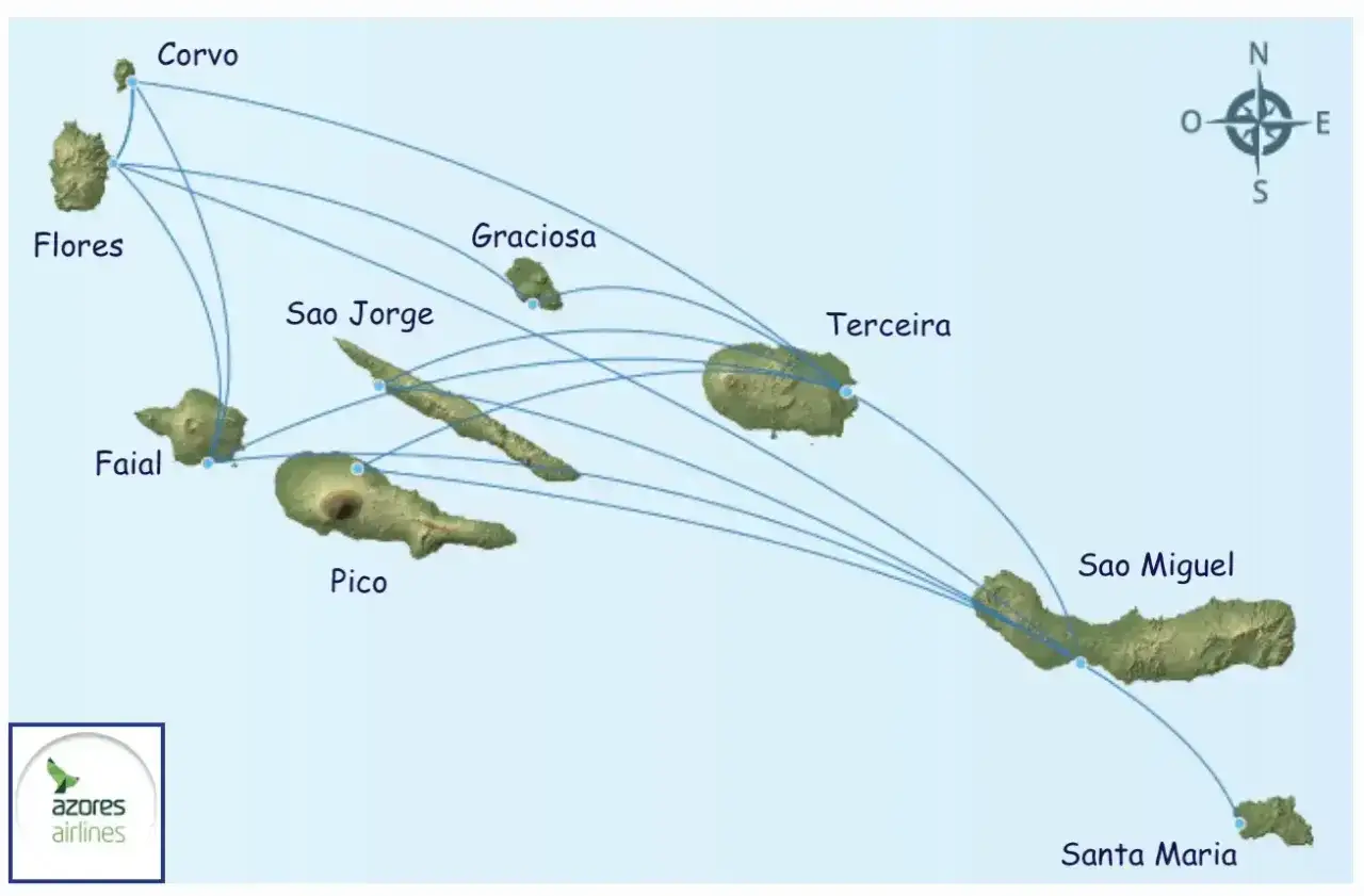 Mapa Azory: połączenia lotnicze między wyspami Flores, Corvo, Graciosa, Sao Jorge, Faial, Pico, Terceira, Sao Miguel i Santa Maria. Lotnisko Azores Airlines.