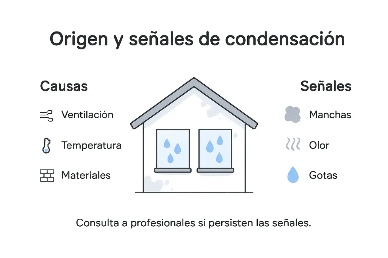 Diagrama sobre condensación en casas. La calefacción quita la humedad, pero la ventilación, temperatura y materiales son causas. Señales: manchas, olor, gotas.