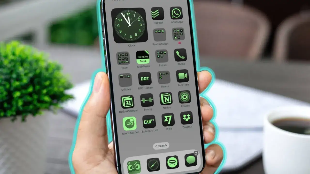 Telefon z zielonymi widżetami i ikonami aplikacji. Widoczny zegar, bankowość, komunikatory i inne.