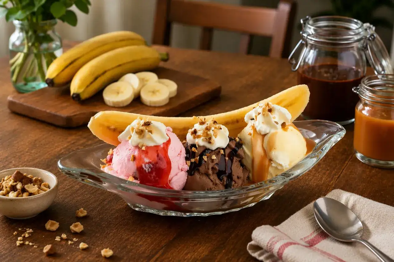 En klassisk banana split med tre kulor glass, banan, grädde och nötter. Perfekt för en varm sommardag!