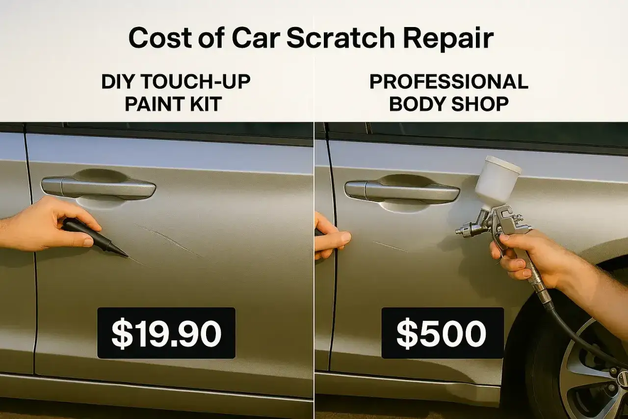 DIY touch-up paint kit vs. professional body shop for car scratch repair. One shows a pen fixing a scratch for $19.90, the other a spray gun for $500.