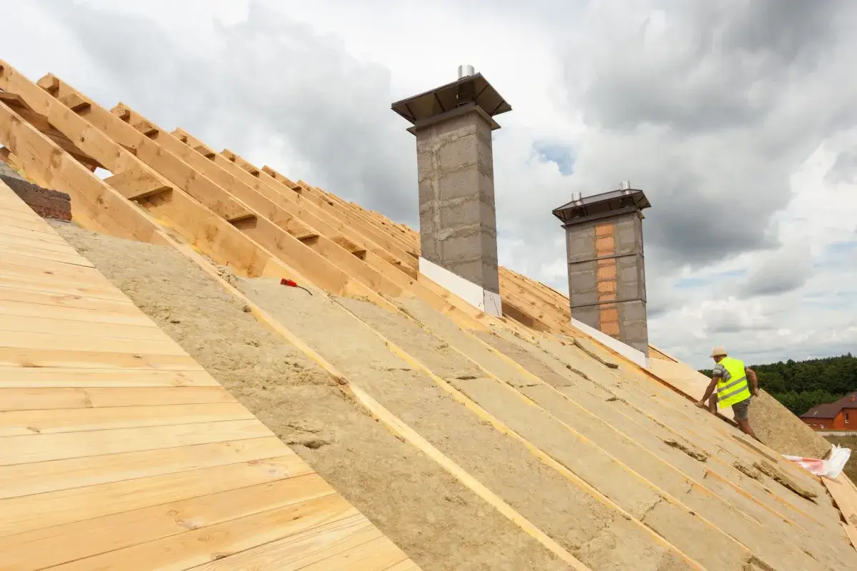 Charpentier travaillant sur la sarking toiture, isolant posé sur la structure en bois, deux cheminées en béton.