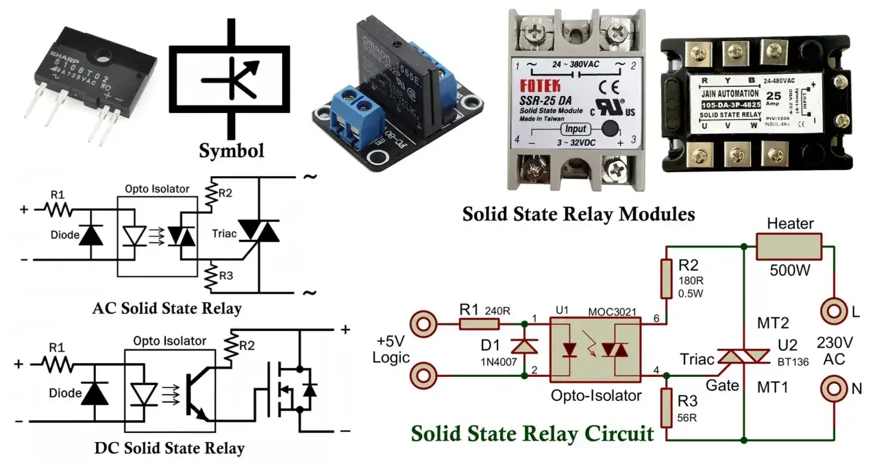 Moduły i schematy SSR (Solid State Relay) pokazują działanie przekaźników półprzewodnikowych.