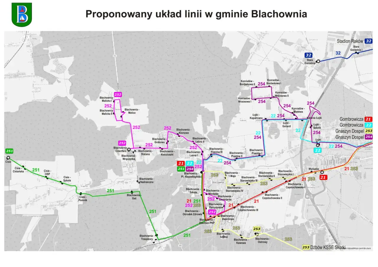 Mapa proponowanych linii autobusowych w gminie Blachownia. Rozkład jazdy obejmuje linie 21, 22, 251, 252, 253, 254.