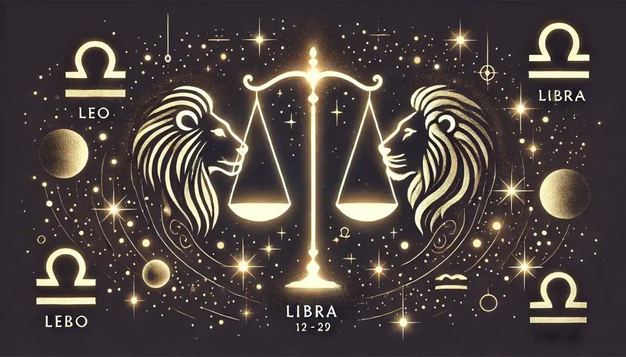 Złoty lew i waga na tle nocnego nieba pełnego gwiazd. Symbolika zodiaku, gdzie siła lwa spotyka harmonię wagi.