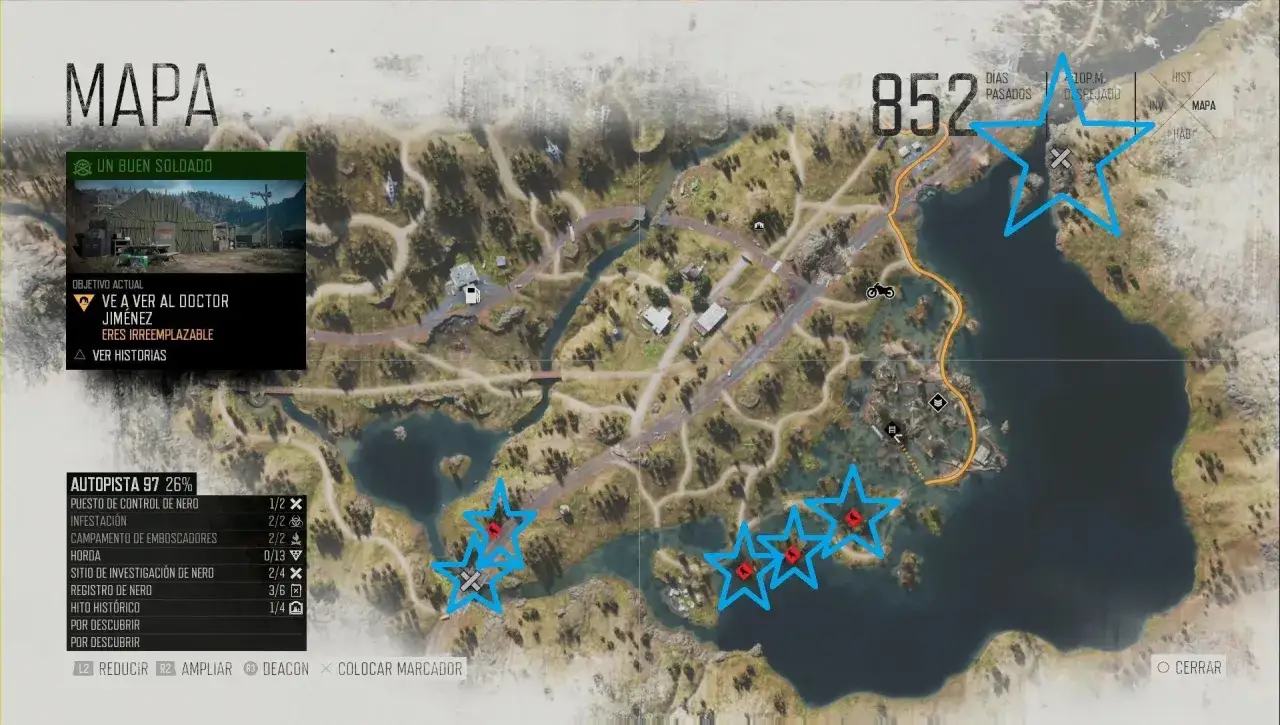 Mapa de Days Gone con estrellas azules marcando campamentos de emboscadores y otros puntos de interés. El objetivo actual es ver al Doctor Jiménez.