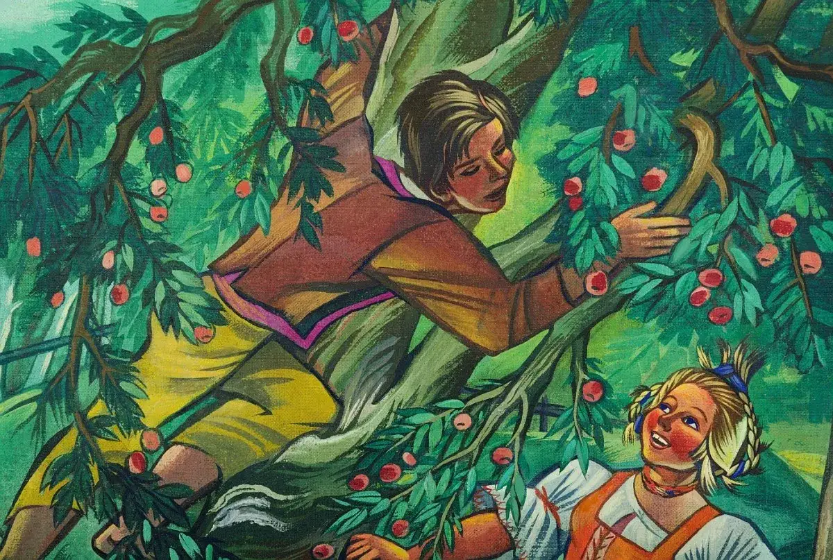 Dzieci zbierają jabłka na drzewie. Zofia Stryjeńska uchwyciła radosną chwilę, pełną słońca i owoc&oacute;w. Ciekawostki o jej tw&oacute;rczości mogą być r&oacute;wnie barwne.