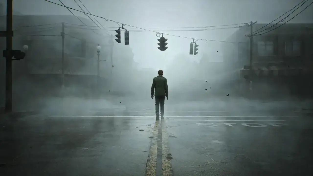 Un uomo solitario cammina in una strada nebbiosa, sotto semafori spenti. Un'atmosfera inquietante perfetta per una **silent hill 2 recensione**.