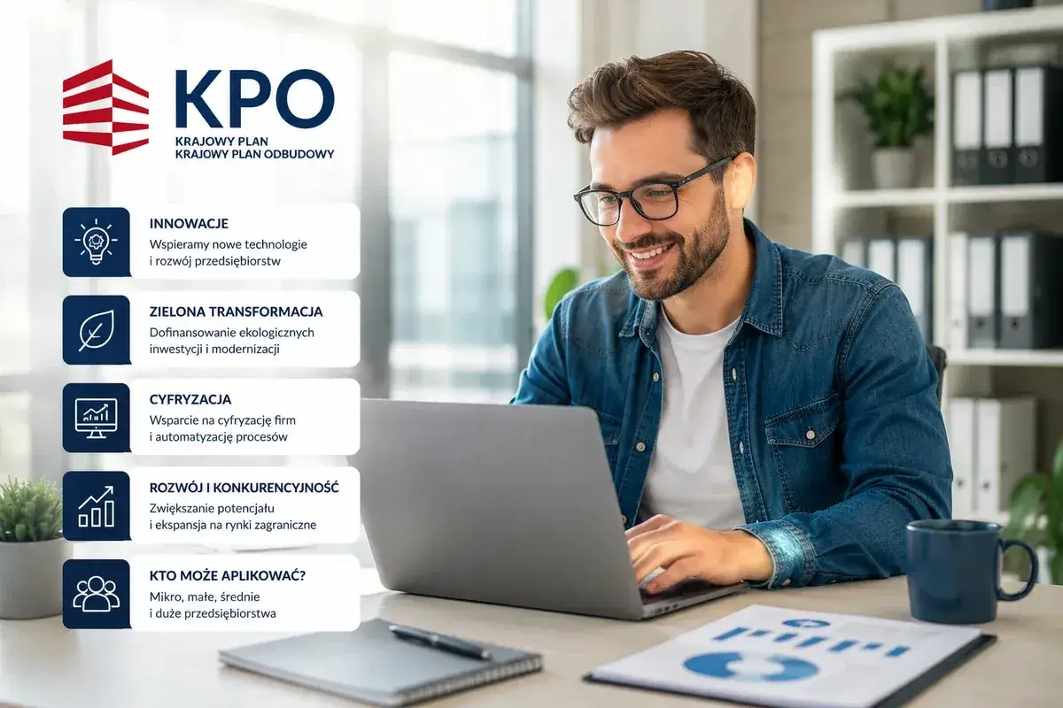 Uśmiechnięty mężczyzna pracuje przy laptopie. Obok logo KPO (Krajowy Plan Odbudowy) z hasłami: innowacje, zielona transformacja, cyfryzacja.