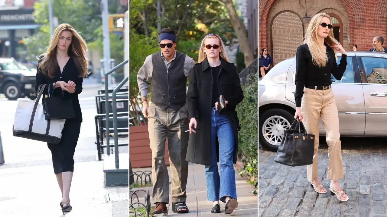Carolyn Bessette-Kennedy, con su estilo ic&oacute;nico, pasea por la ciudad. Tres instant&aacute;neas capturan su elegancia en diferentes momentos.