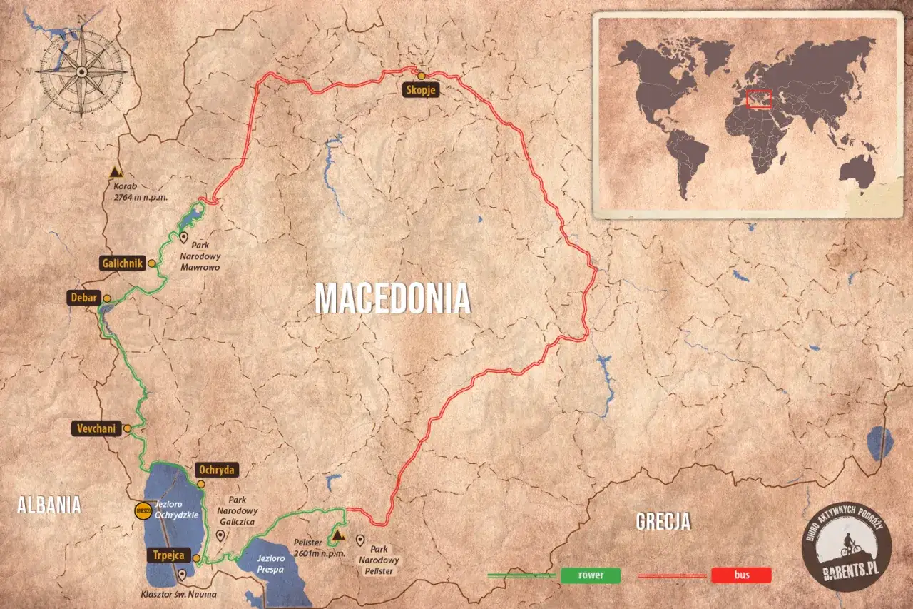 Mapa Macedonii z zaznaczonymi trasami rowerowymi i autobusowymi. Przewodnik po atrakcjach: Skopje, Ochryda, Park Narodowy Mawrowo, Korab.