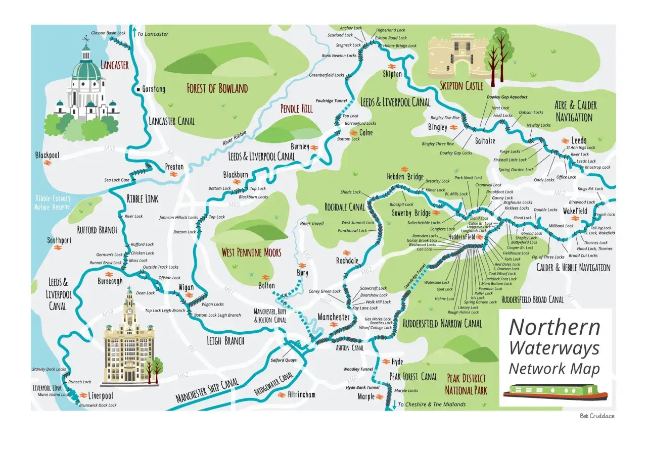Mapa sieci wodnych północnej Anglii, pokazująca gdzie jest Liverpool, z zaznaczonymi kanałami i miastami.